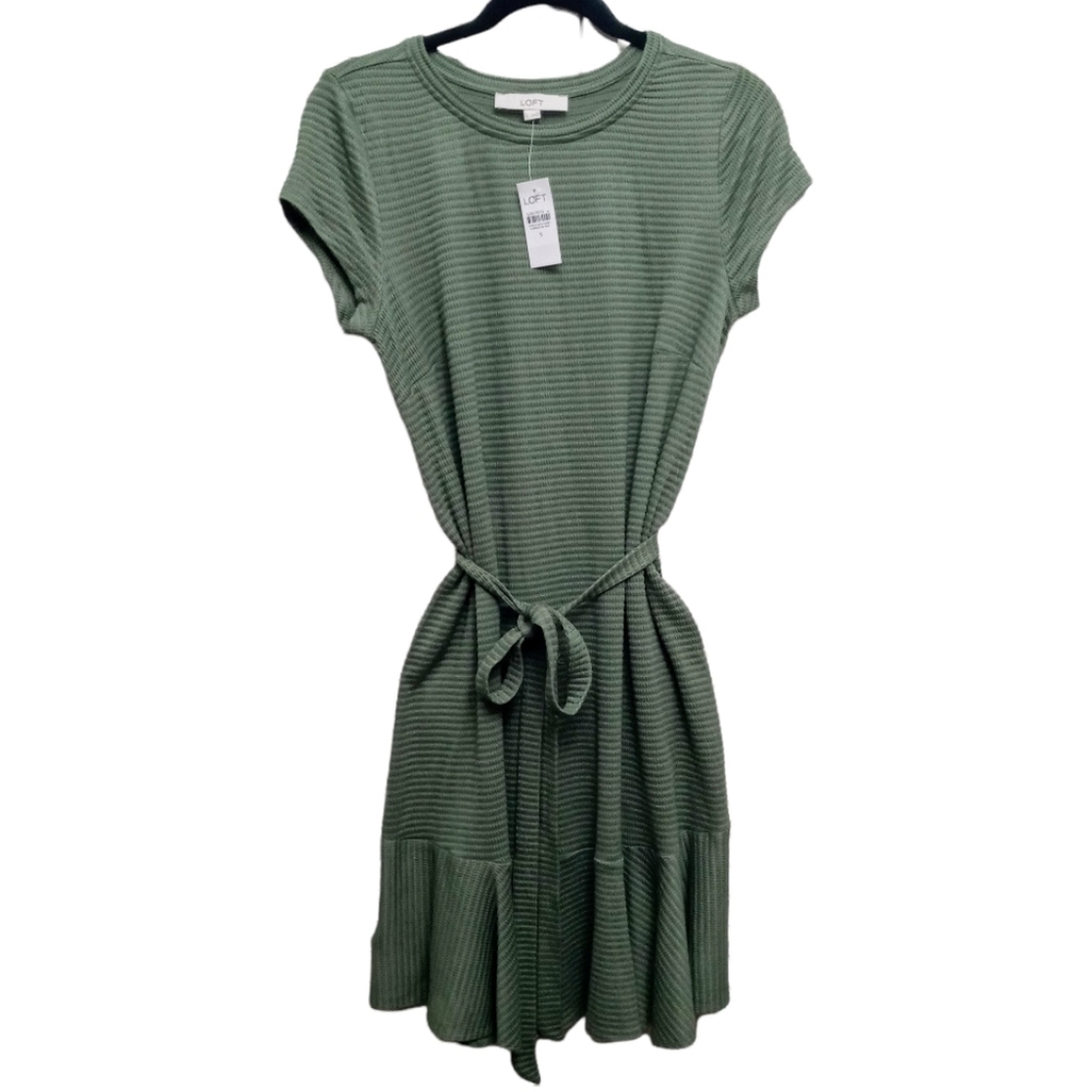 *SOLD* NWT Loft Tie Waist Short Sleeve Moss Green Flounce Dress S - Picture 2 of 8
